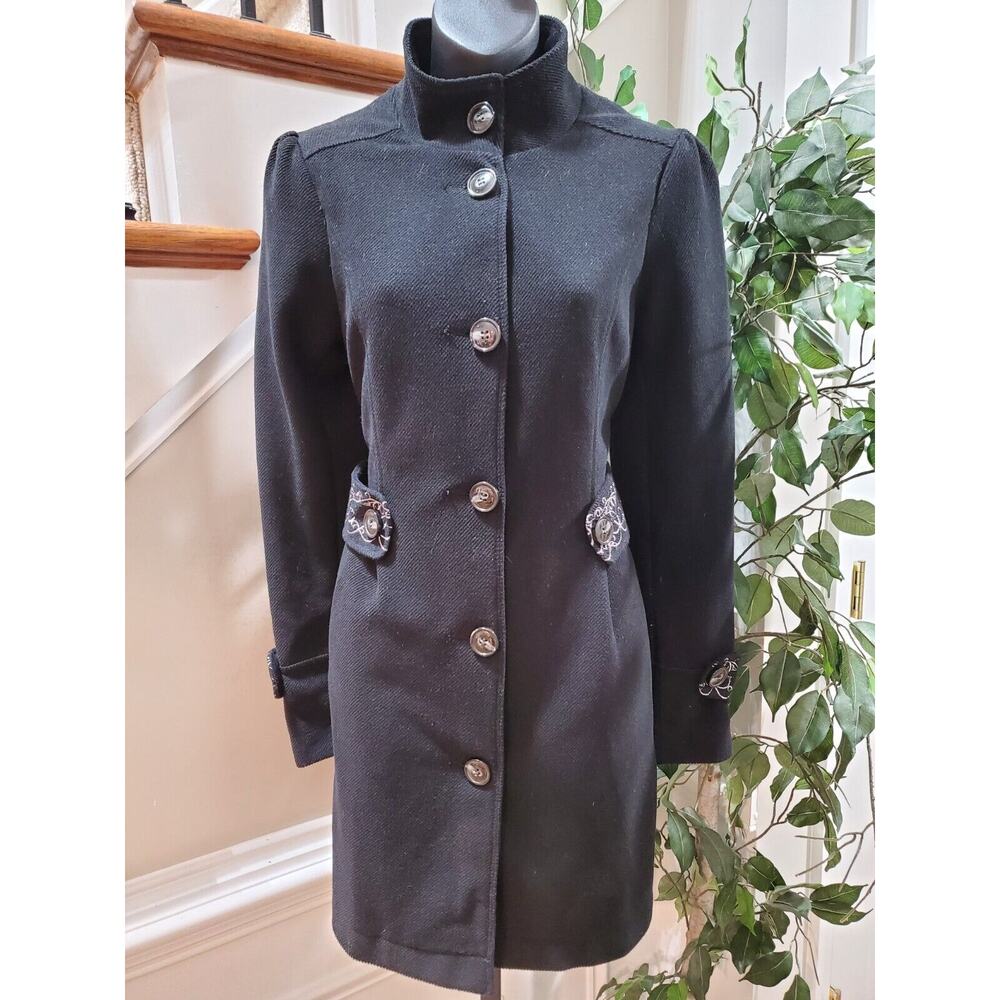 Green Dragon Paisley Embroidered Black Long Sleeve Buttons Front Casual Coat M